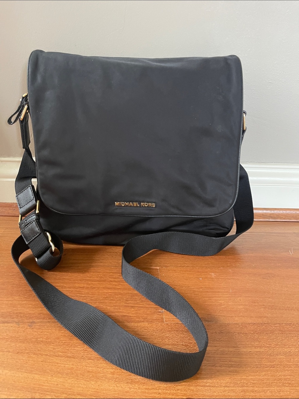 Michael Kors Black Nylon Crossbody Messenger with Gold Hardware
